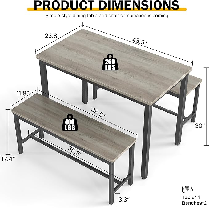 Sturdy Durable Dining Table Set for 4 with Bench, Easy to Assemble Kitchen Table with Bench, Space-Saving Ideal 4-Person Set for Daily Meals, brunches, or workspace,Grey