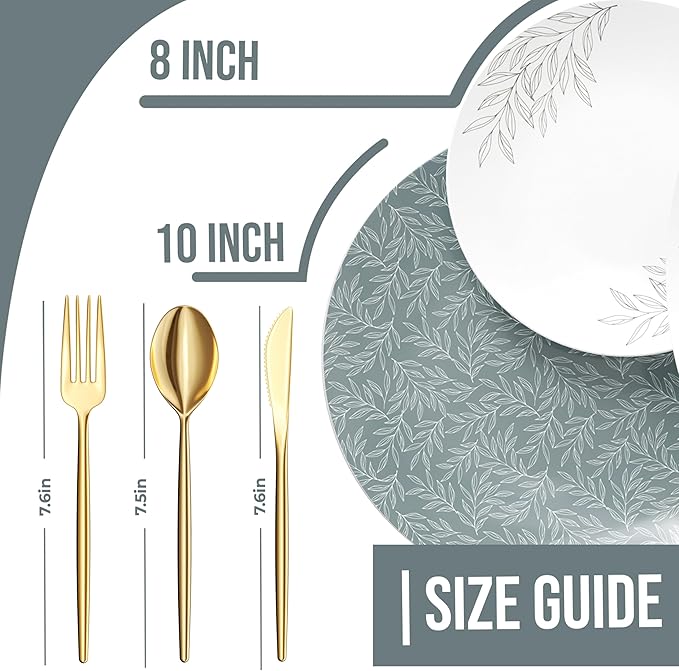 Trendables Fancy Plastic Dinnerware Sets 200 Pc Set 40 Guests Gold Silverware Disposable 40 X 10 Inch Charger Plates 40 X 8 Inch Dessert Plates 40 x Gold Plastic Forks and Spoons Knives In Aleh