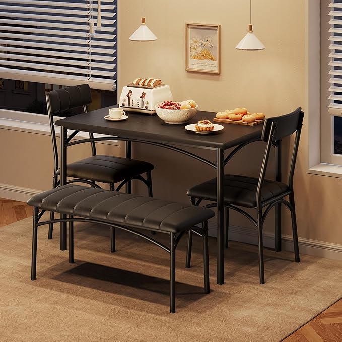 Dining Table Set for 4, Rectangular Kitchen Table and Chairs Set of 4 for Small Spaces, Modern Dining Room Table Set with Upholstered Bench and 2 Chairs, Space Saving Dining Furniture for Apartments