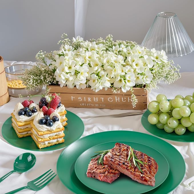 EI 150pcs Green Plastic Plates,Green Disposable Plates Heavy Duty,Fancy Plastic Dinnerware Set,Dinner Plate for Party,Picnic,Birthday,Wedding Afternoon Tea Spring