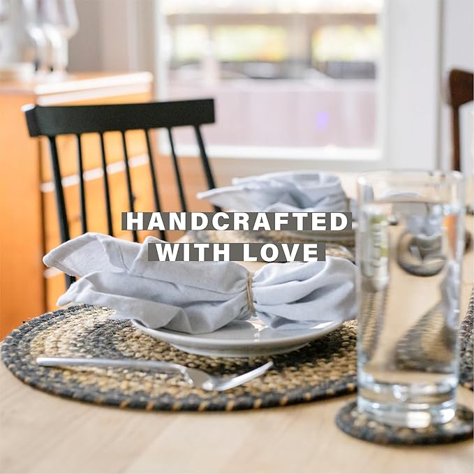 Homespice Kilimanjaro Round Braided Placemats, Warm Primitive Decor, Set of 2, 15" Black and Tan Jute Table Mats - Vibrant Colors, Durable, Easy to Clean and Protects Furniture