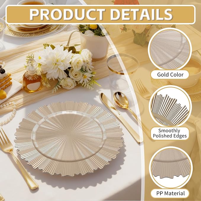 PROY 50 Pcs Champagne Gold Charger Plates, 13 Inch Elegant Fluted Edge Plastic Charger Plates, Round Gold Chargers Dinner Plate Wedding Decoration