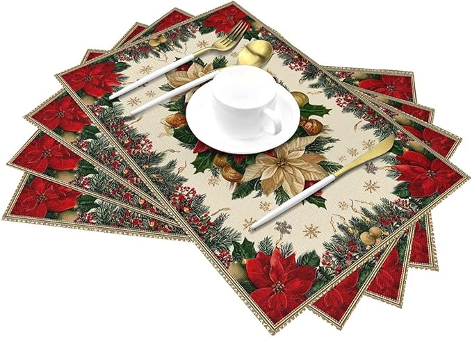 Christmas Poinsettias Placemats Set of 4 Washable Table Place Mats for Dining Kitchen Party Decor