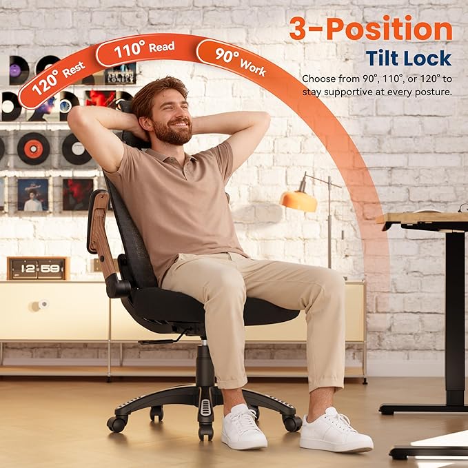 GABRYLLY Ergonomic Office Chair, High Back Home Desk Chair with Flip-Up Arms, 3D Headrest, Thick Sponge Sea &90-120° Recline, Big and Tall Mesh Executive Chairs for Man Woman, Black Woodgrain