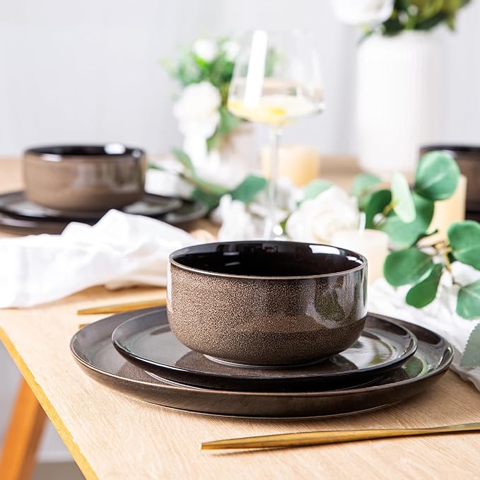 LeRatio Ceramic Dinnerware Sets for 6,Poreclain Plates and Bowls Sets,Handmade Reactive Glaze Dishes Set,Chip Resistant and Scratch Resistant | Oven&Dishwasher & Microwave Safe-Chestnut(18PCS)