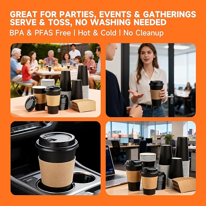 100 Pack 16 oz Disposable Coffee Cups with Lids and Sleeves, Sturdy Paper Cups for Hot/Cold Drinks, Leak-Proof To Go Coffee Cups with Lids for Home, Café, Events, Office, Black
