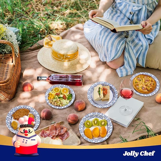 JOLLY CHEF 10 inch Disposable Paper Plates 140 Count, Soak Proof, Cut Proof, Heavy Duty Paper Plates for Everyday Use