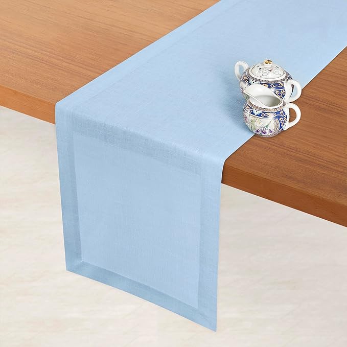 D'Moksha Homes Linen Powder Blue Table Runner 72 Inches Long - 100% Pure Linen 14 x 72 Inch Table Runner for Dining, Spring, Easter - Machine Washable