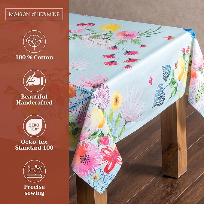 Maison d' Hermine Table Cloth Rectangle Table 100% Cotton 70 x 90 Inches Tablecloth Reusable Decorative for Dining Room Farmhouse Home Valentines Day Decorations Spring Summer - Jardin D'Ete - Mint