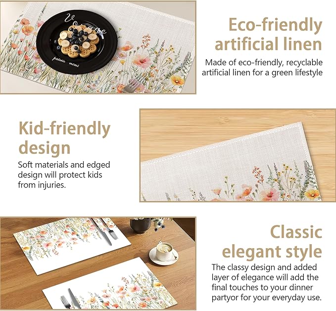 Placemats, Wild Flowers Herbs Botanical Placemats 12x18 Inch Waterproof Non-Slip Washable Table Mats for Kitchen Dining Party Table Decor,Set of 6