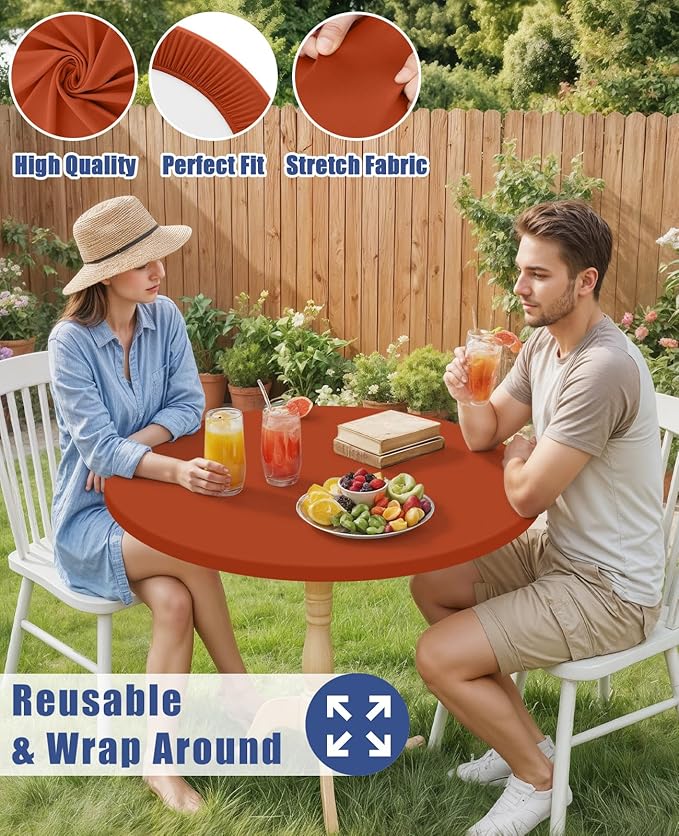 Round Spandex Tablecloth, Elastic Fitted Waterproof Tablecloths for 36"-44" Tables, Stretch Washable Picnic Table Cover for Camping, Dining, Indoor and Outdoor, Rust