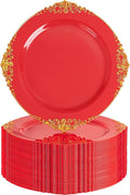 Nervure 100PCS Red and Gold Plastic Plates - 10.25inch Red Disposable Plates - Heavyweight Dinner Plate for Wedding & Party