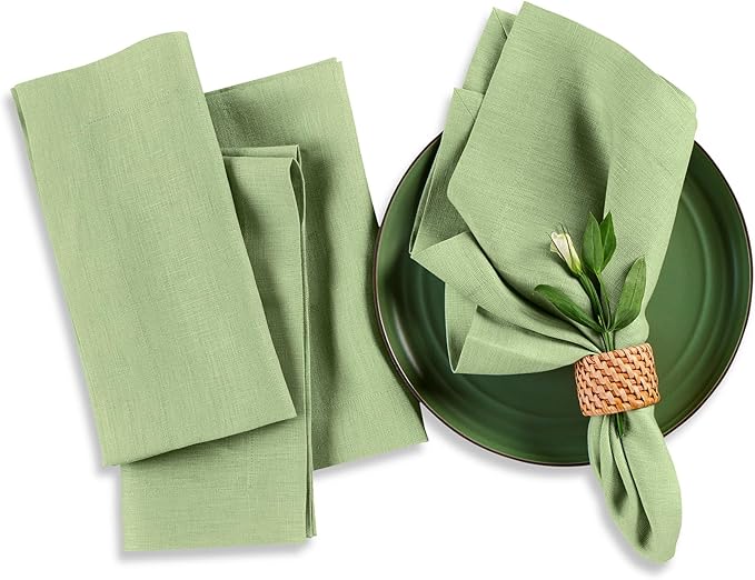 Solino Home Linen Napkins Set of 4-100% Pure Linen Laurel Green Dinner Napkins Cloth 20 x 20 Inch for Spring, Easter, St Patricks Day - Fete, Handcrafted and Machine Washable