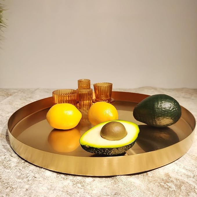I-LAN 14" Round Gold Metal Serving Tray, Deep Decorative Vanity Tray for Bathroom & Dresser, Modern Circle Perfume Organizer and Coffee Table Accent (Deep Gold)