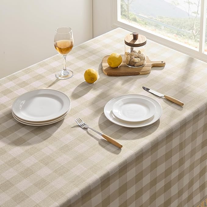 Softalker Checkered Tablecloth Rectangle, Outdoor Linen Cotton Gingham Table Cloth with Tassel, Heavy Duty Wrinkle Free Buffalo Plaid Table Cover for Kitchen Dining Home Party - 55 x 84 Inch, Beige
