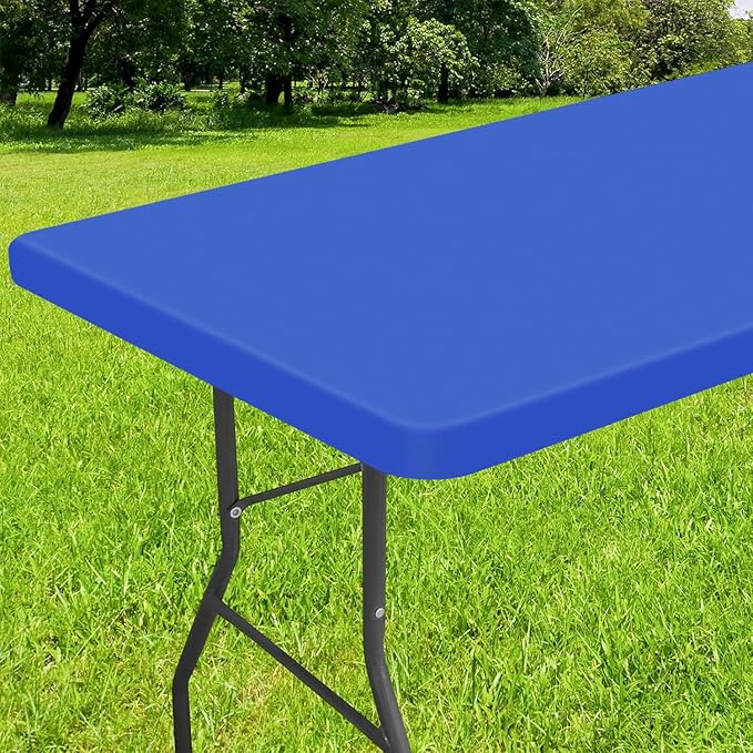 Smiry Rectangle Tablecloth, Elastic Fitted Flannel Backed Vinyl Tablecloths for 8ft Folding Tables, Waterproof Wipeable Table Covers for Indoor, Outdoor, Picnic and Camping (Blue, 30"x96")