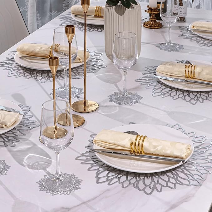 Snowkingdom 6 Pack Silver Placemats Metallic Glitter Pressed Vinyl Dinning Table Mats Decorative Round Leaf Charger for Winter Holiday Thanksgiving Christmas