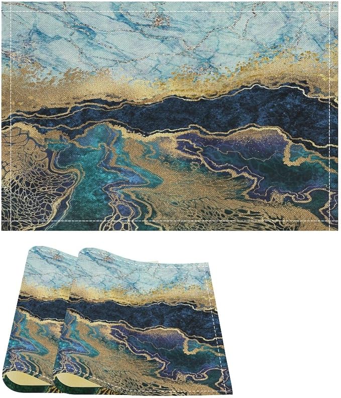 Marble Linen Placemats Set of 2, Modern Luxury Foil Cracked Texture Blue Gold Marble 12x17 Inch Washable Table Mats Non Slip Placemats for Wedding Party Kitchen Banquets Dining Decoration