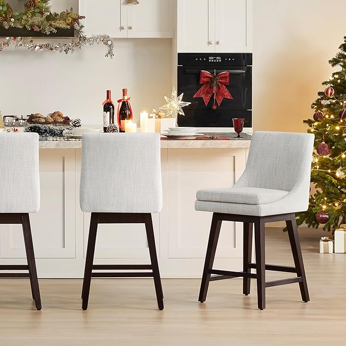 CHITA Counter Height Swivel Bar Stools Set of 3, FSC Certified Upholstered Fabric Barstool Chairs with Back, 26.8" H Seat Height, Fabric in Ivory