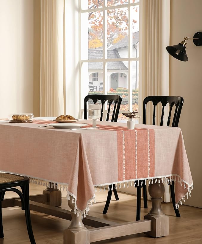 ZeeMart Contrast Linen Table Cloth Rectangle Table Cloths 60x104 Inch Orange, Farmhouse Style Heavy Weight Burnt Orange Fall Tablecloth, Water Resistant Burlap Tablecloths