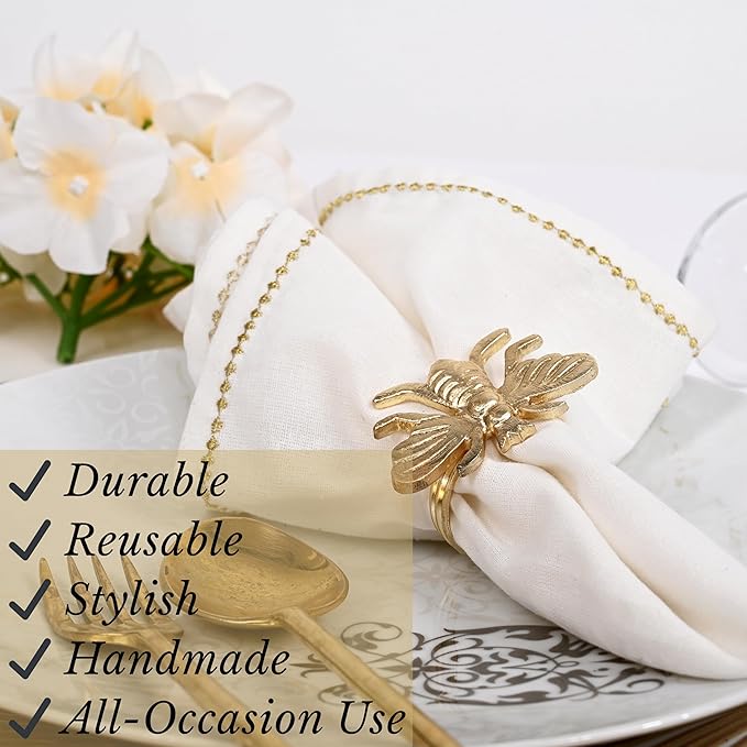 Alpha Living HOMEAntique Gold Metal Napkin Rings - Set of 12 Elegant Bee Table Holders - Ideal Décor for Weddings, Family Gatherings, Formal Dinners, Banquets & Everyday Dining