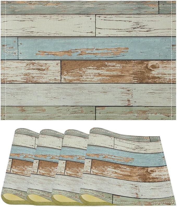 Rustic Plank Placemat Set, Vintage Old Shabby Colorful Beige Green Blue Farmhouse Barn Wooden Board Pattern Home Decor Linen Table Mats for Dining Room Kitchen Party (17x12in) x4P