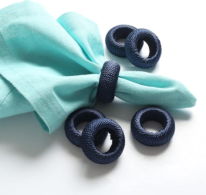 CLEENTABLE Rustic Napkin Rings Set of 12 - Rayon Napkin Holders for Table Decor, Weddings, Dinner Parties & Everyday Dining - Farmhouse Boho Napkin Rings (Blue)