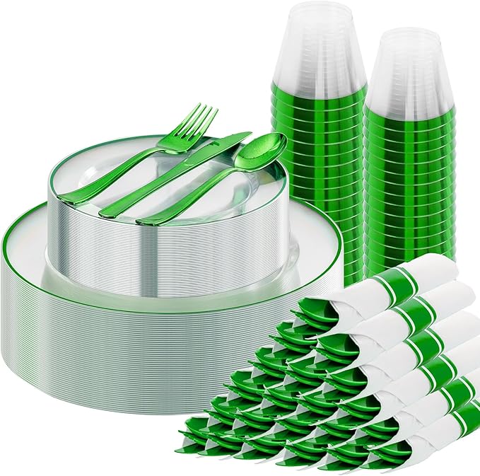 SUT 175 Pcs Green and Clear Plastic Dinnerware Set for 25 Guests, Include: 25 Dinner Plates, 25 Dessert Plates, 25 Pre Rolled Napkins With Silverware, 25 Cups, Disposable Plates for Party