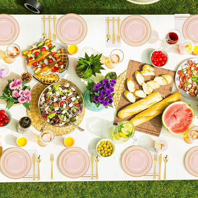 GATHER 700PCS Pink Plastic Plates - Gold Rim Disposable Plastic Dinnerware Set Include 200 Pink Plates, 300 Silverware, 100 Napkins, 100 Cups for Party & Wedding & Valentine's Day