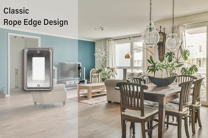 Henne Bery Rope Edge Decorative Wall Plate Switch Plate Outlet Cover (Single Decorator, 3 Pack, Heirloom Silver)