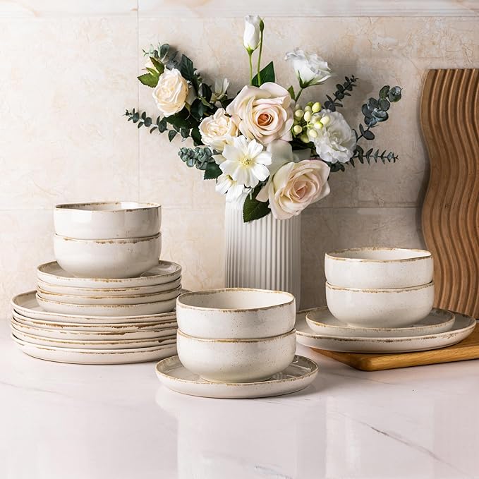 AmorArc Ceramic Dinnerware Sets, Wavy Rim Stoneware Plates and Bowls Sets, Highly Scratch Resistant | Dishwasher & Microwave Dishes set, Service for 4 (12pc)-Speckled Cappuccino)