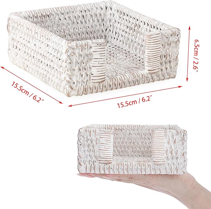 Sumnacon Napkin Holder for Table, Square Cocktail Napkin Holders, Wicker Rattan Napkin Dispenser Rustic Napkin Basket Tray for Dining Table Kitchen Countertop Picnic Party Bar, Vintage Whitewash