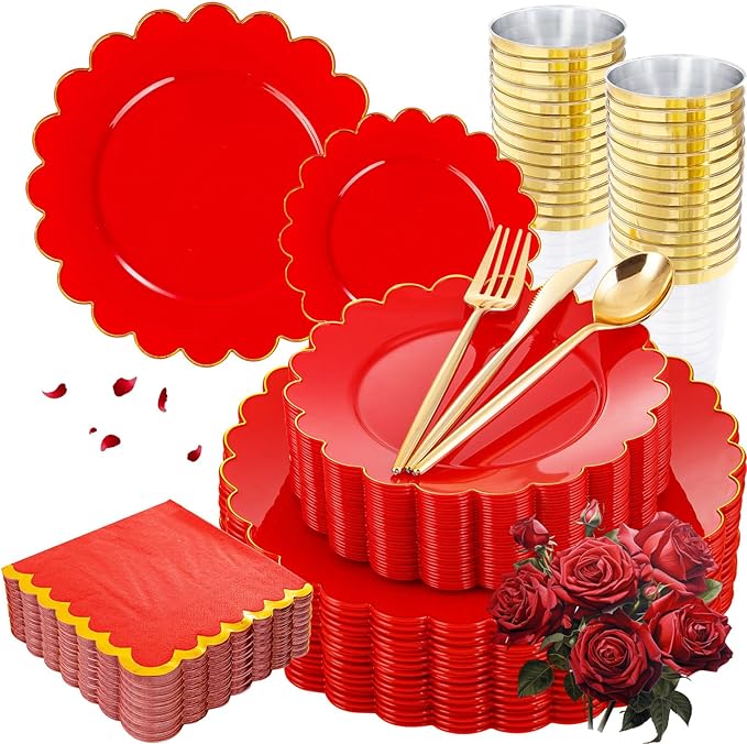 LIYH 210 Pcs Red Plastic Plates - Red Disposable Plates and Napkins Set, Gold Scalloped Plastic Plate Include Dinner & Dessert Plate, Silverware, Cups for Valentine's Day 30 Guests