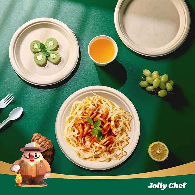 JOLLY CHEF Compostable Heavy Duty Plates 𝟭𝟬 𝗜𝗻𝗰𝗵 [𝟭𝟬𝟬 𝗣𝗮𝗰𝗸] Eco-Friendly Disposable Natural Paper Plate Bagasse Biodegradable Food Trays for Party Dinner Hot Cold Food Christmas (Brown)