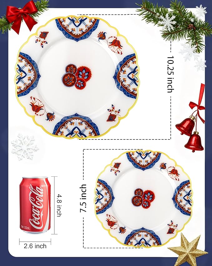 Morejoy 60pcs Plastic Disposable Plates Set - White Plastic Plates Featuring Classic Blue and Russet Floral Design With Gradient Gold Rim, 10.25 Dinner & 7.5 Dessert Plates for Wedding & Party