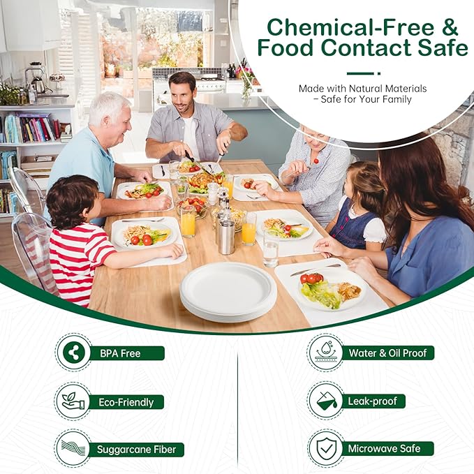 7 Inch 128 Pack Compostable Disposable Paper Plates, Heavy Duty Sugarcane Bagasse Plates, Biodegradable Eco-Friendly for Snacks & Parties, Unbleached White
