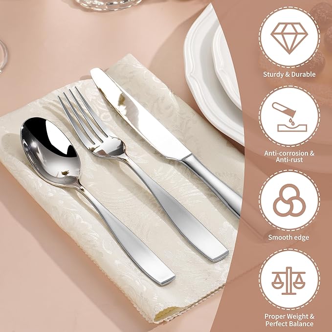 65-Piece 18/10 Stainless Steel Flatware Set for 12, Heavy Duty Silverware Set, Flatware Set with Serving Utensil, High End Mirror Polish and Satin Handle, Dishwasher Safe, Ideal for Gift