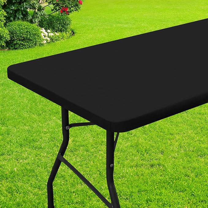 Smiry Rectangle Picnic Table Cloth, Waterproof Elastic Fitted Tablecloths for 8 Foot Tables, Washable Polyester Table Cover for Camping, Indoor and Outdoor (Black, 30"x96")