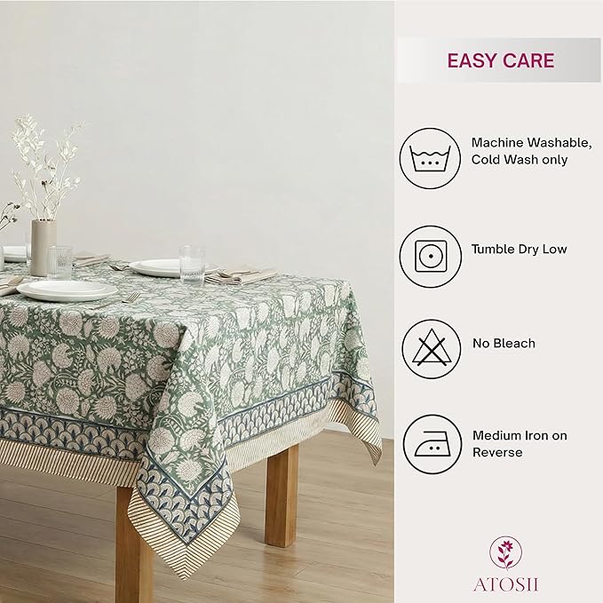 ATOSII Jade 100% Cotton Rectangle Boho Fall Tablecloth, Handblock Floral Table Cloth Linen for Kitchen Dining I Parties Wedding Outdoors Christmas Thanksgiving I 72 X 140 Inches I 12 Seater