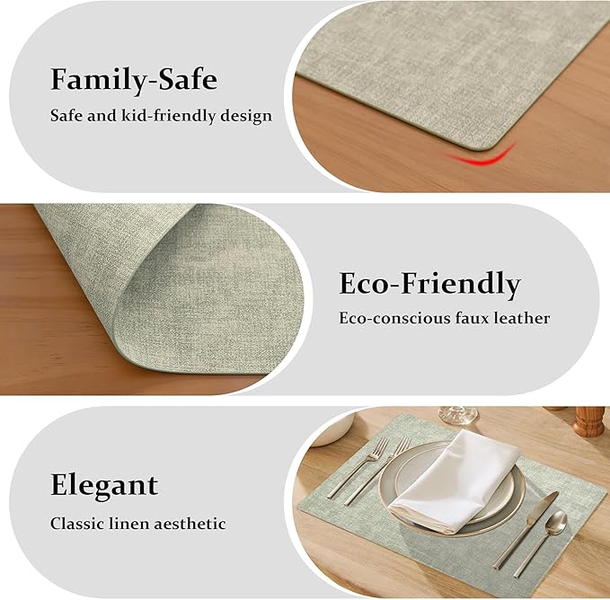 FROMHEART Faux Leather Placemats Set of 4–Waterproof,Heat/Oil Stain-Resistant PU Table Mat–Reversible,Non-Slip,Easy to Clean Place Mats for Kitchen,Dining,Indoor/Outdoor,(Light Green,11.8" x 17")