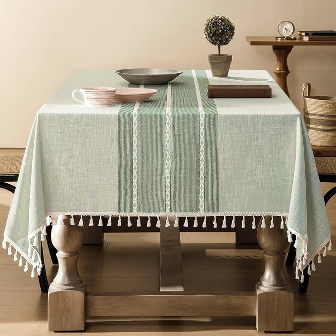 ZeeMart Contrast Linen Table Cloth Rectangle Table Cloths 60x104 Inch Green, Farmhouse Style Heavy Weight Sage Green Tablecloth, Water Resistant Burlap Tablecloths