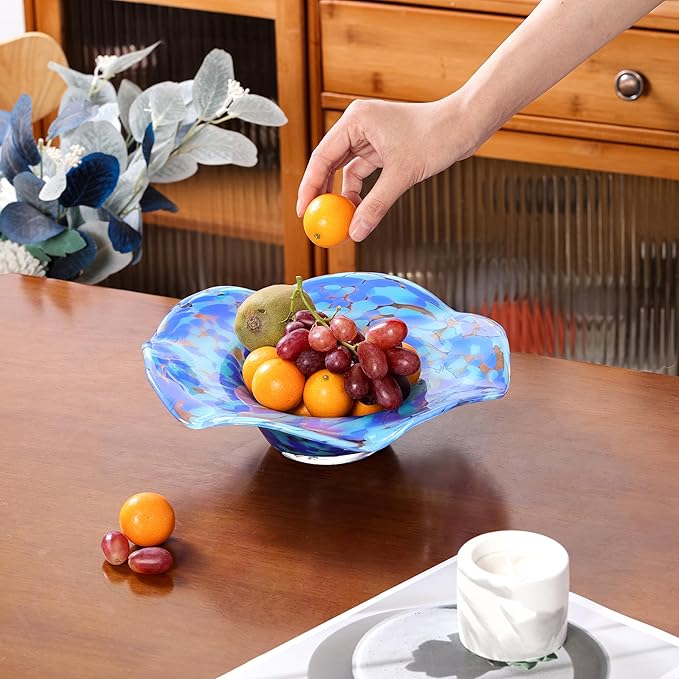 Hand Blown Murano-style Art Glass Bowl, 10.2-Inch Large Decorative Centerpiece for Table, Cobalt Blue Fruit Display & Kitchen Counter Decor
