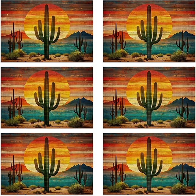 Table Placemats Set of 6, Waterproof Linen Fabric, Non-Slip Backing & Easy Clean, Elegant Dining Table Protectors for Family and Guests (Boho Cactus)