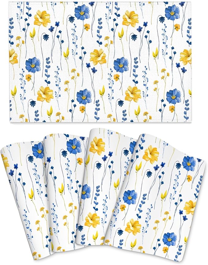 Navy Blue Yellow Flower Placemats Set of 4 12"x18", Watercolor Floral Decorative Table Mats for Kitchen Dining Table Spring Summer Place Mats Heat Resistant Washable