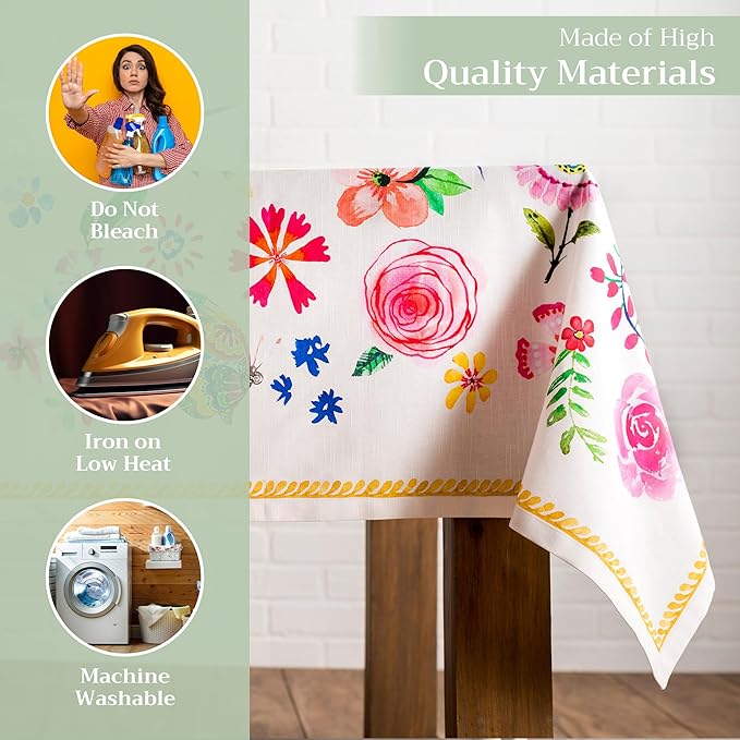 Maison d' Hermine Table Cloth Rectangle Table 100% Cotton 70 x 108 Inches Tablecloth Reusable Decorative for Dining Room Farmhouse Home Valentines Day Decorations Spring Summer- Happy Florals - Sweety