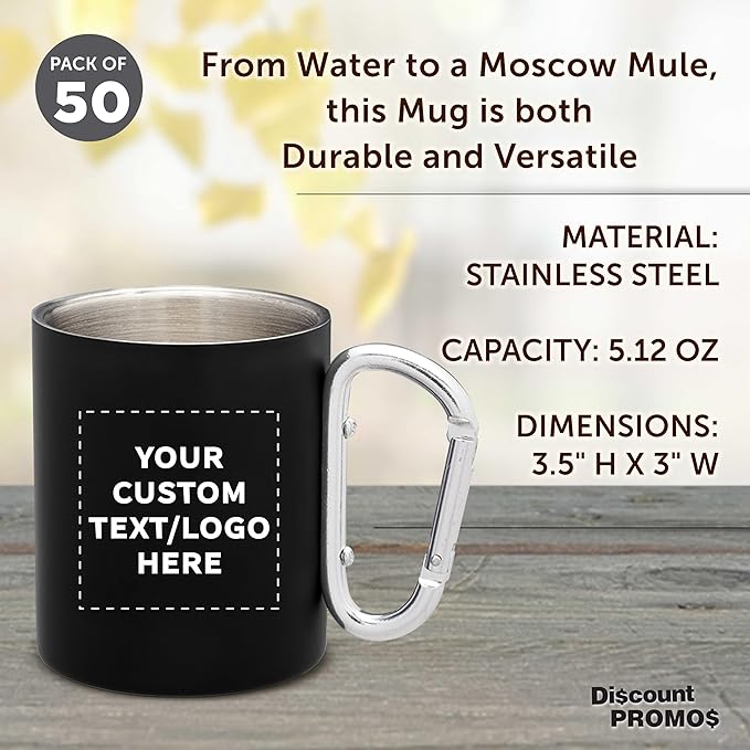 Custom Stainless Steel Mugs with Carabiner Handle 10 oz. Set of 50, Personalized Bulk Pack - Perfect for Coffee, Soda, Other Hot & Cold Beverages - Black