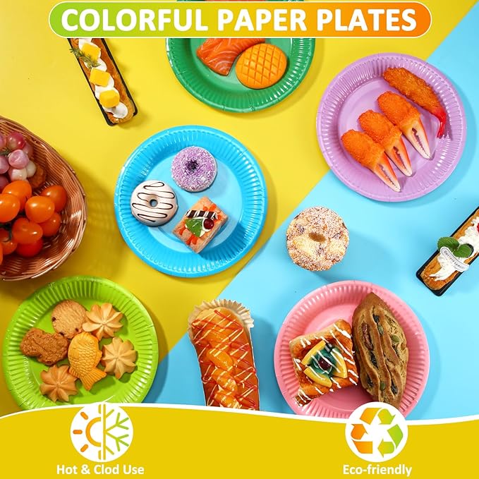 Thenshop 300 Pcs Colorful Paper Plates 7 Inch Disposable Party Plates for Dessert Cake Birthday Party Supplies(Classic Colors)