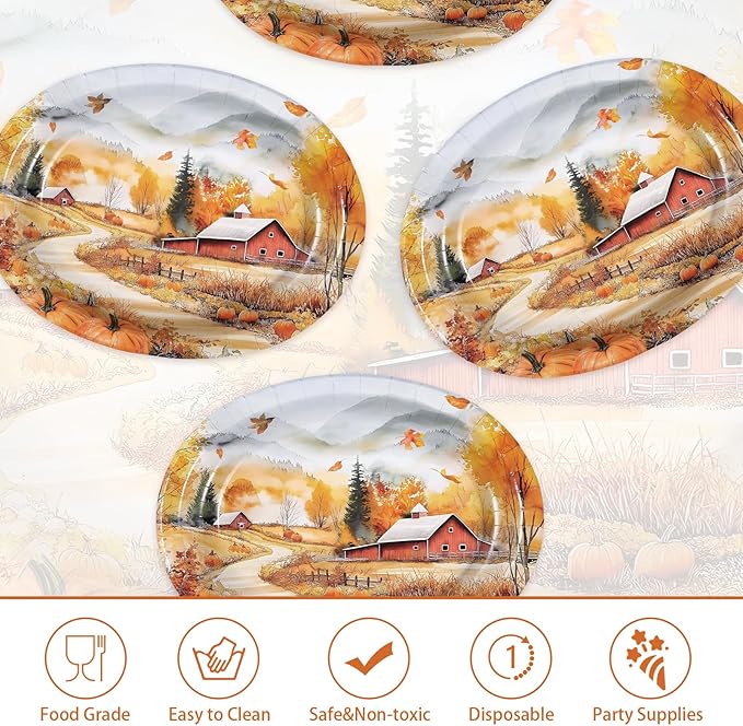 Grencian 50 Pcs Fall Landscape Oval Paper Plates Thanksgiving Oval Paper Plates 10" x 12" Large Disposable Heavy Duty Autumn Scenery Platters for Fall Theme Party Harvest Holiday Party Supplies