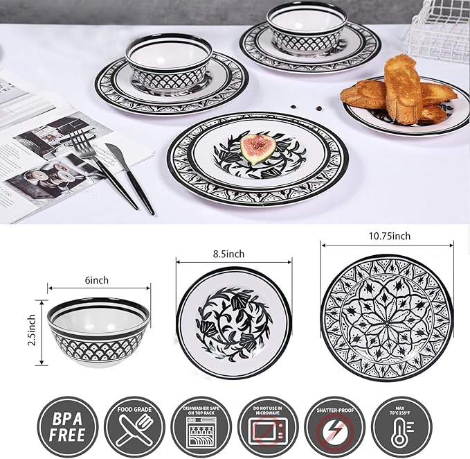 Melamine Dinnerware Sets-12pcs Melamine Plates and Bowls Set, Unbreakable, Dishwasher Safe, Indoor Outdoor Use, Ideals for Parties, Camping Dish Set, Black and White Pattern