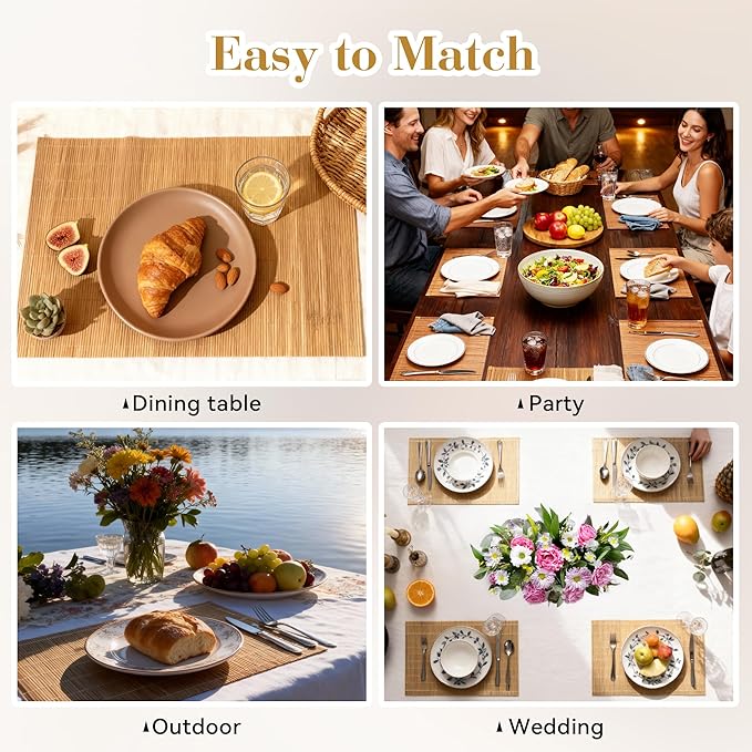 8-Pack Bamboo Placemats,Woven Heat-Resistant Rectangular Table Mats,Natural Dining Place Mats, Rustic Japanese Style Wood Mats for Indoor Dining,Kitchen and Party Use, Coffee